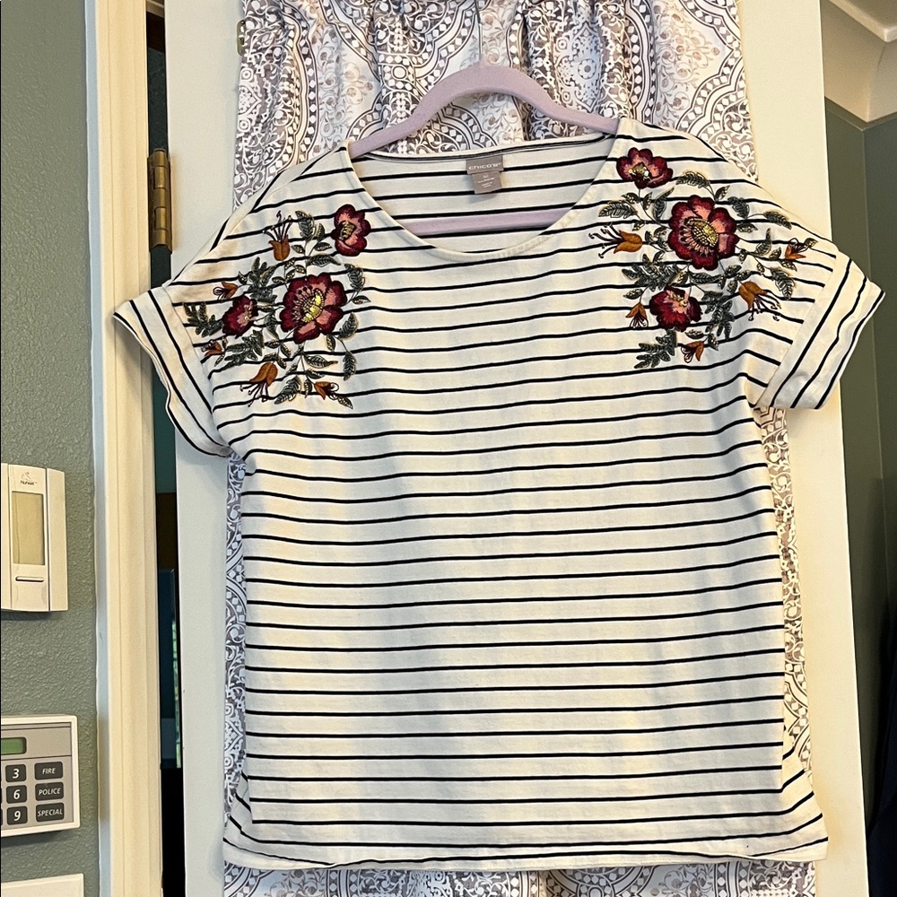 Chico's Black and White Striped Tee with Floral Embroidery